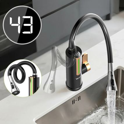 Átfolyós vízmelegítő LED-kijelzővel 3000W/230V IPX4 fekete/arany