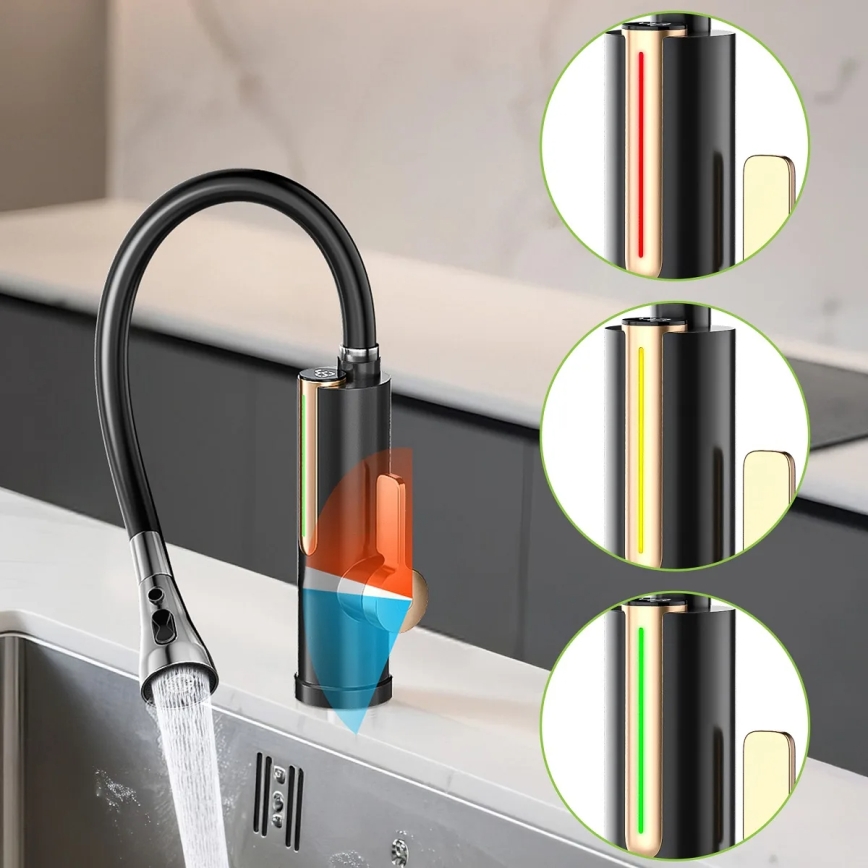 Átfolyós vízmelegítő LED-kijelzővel 3000W/230V IPX4 fekete/arany