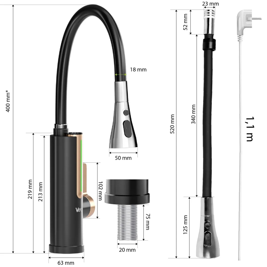 Átfolyós vízmelegítő LED-kijelzővel 3000W/230V IPX4 fekete/arany