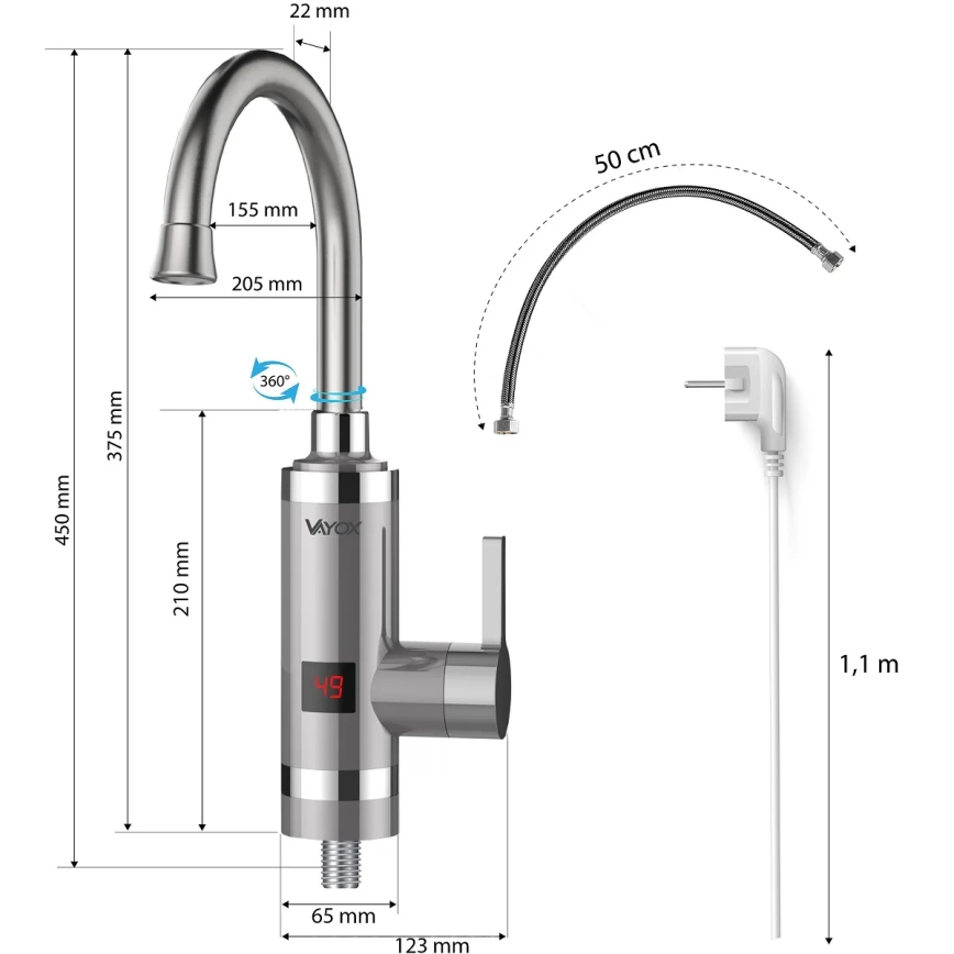 Átfolyós vízmelegítő LED kijelzővel 3000W/230V IPX4 rozsdamentes