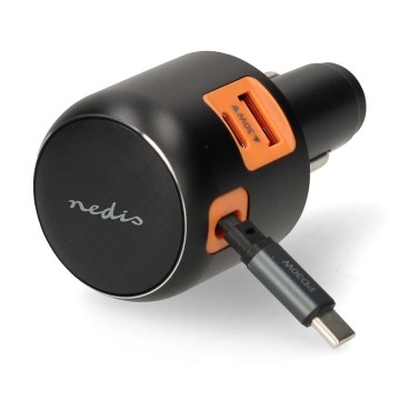 Autós töltő behúzható kábellel Power Delivery 30W 2xUSB-C + 1xUSB-A