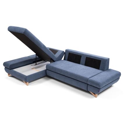 AVESTA L alakú, balos kivitelű, ággyá alakítható kárpitozott sarokkanapé tárolóval, kék