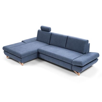 AVESTA L alakú, balos kivitelű, ággyá alakítható kárpitozott sarokkanapé tárolóval, kék