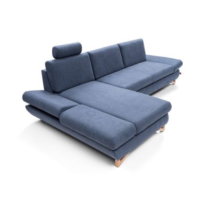 AVESTA L alakú, balos kivitelű, ággyá alakítható kárpitozott sarokkanapé tárolóval, kék