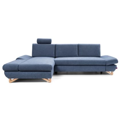 AVESTA L alakú, balos kivitelű, ággyá alakítható kárpitozott sarokkanapé tárolóval, kék