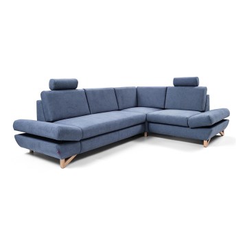 AVESTA L-alakú, ágyazható kárpitozott sarokgarnitúra tárolóhellyel, jobb oldali, kék