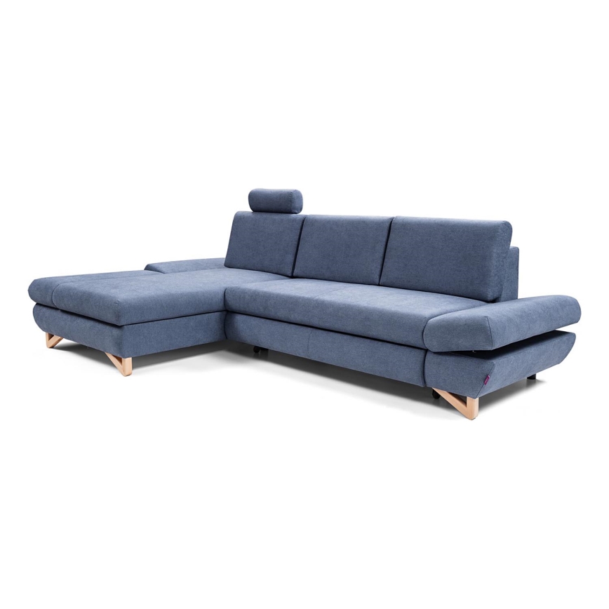 AVESTA L alakú, balos kivitelű, ággyá alakítható kárpitozott sarokkanapé tárolóval, kék