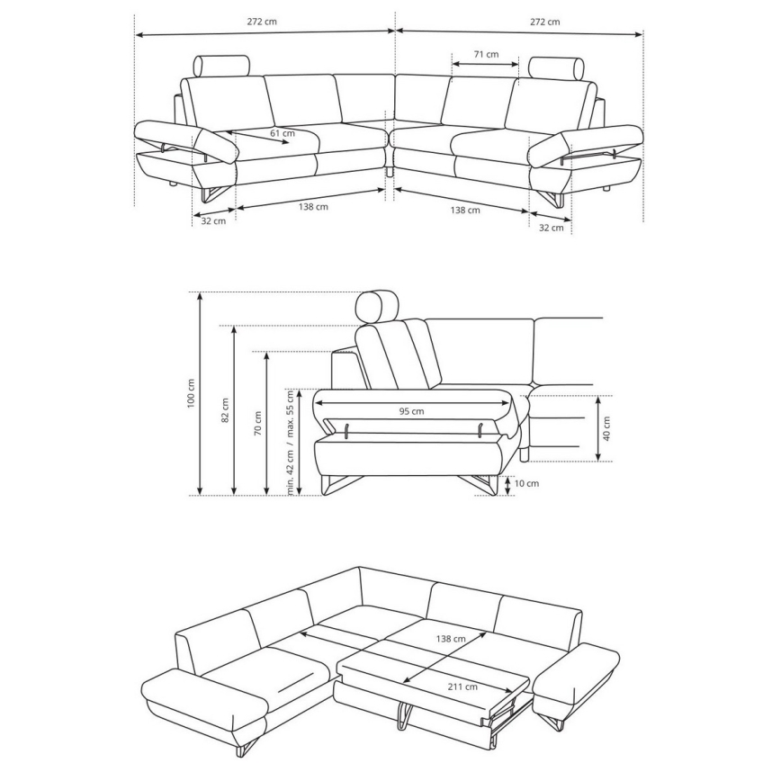 Ággyá alakítható, tárolóhellyel ellátott L-alakú kárpitozott sarokülőgarnitúra AVESTA antracit