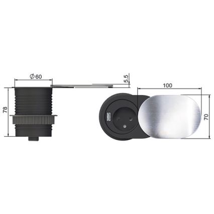 Beépített USB aljzat csúszó fedéllel 10A/230V