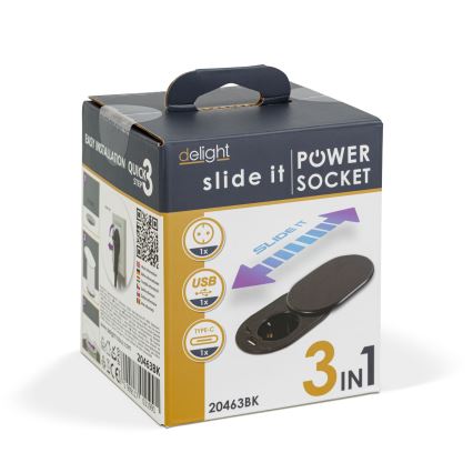 Beépíthető dugalj csúsztatható fedéllel, 1× hálózati aljzat + USB-C + USB-A, fekete