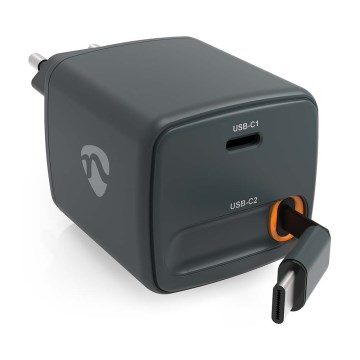 Behúzható kábeles Power Delivery 30W töltő, 2× USB-C, fekete