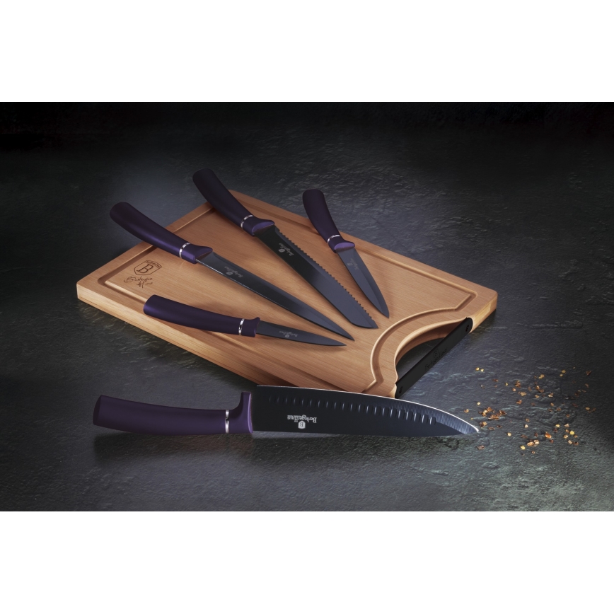 BerlingerHaus - Rozsdamentes acél késkészlet bambusz vágódeszkával 6 db lila/fekete