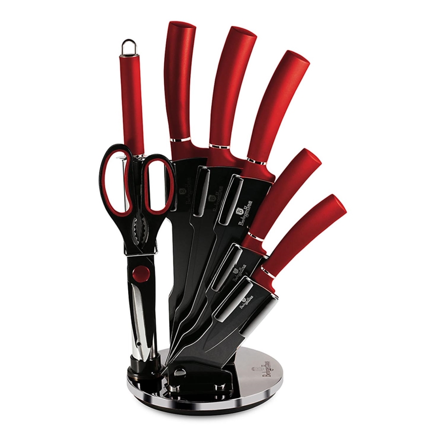 BerlingerHaus - Rozsdamentes késkészlet állványban 8 db piros