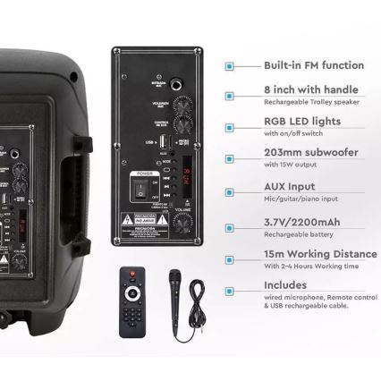 Bluetooth hordozható hangszóró mikrofonnal 15W/3,7V LED RGB + távirányító