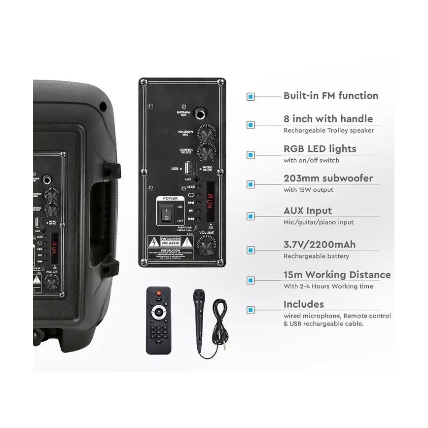 Bluetooth hordozható hangszóró mikrofonnal 15W/3,7V LED RGB + távirányító