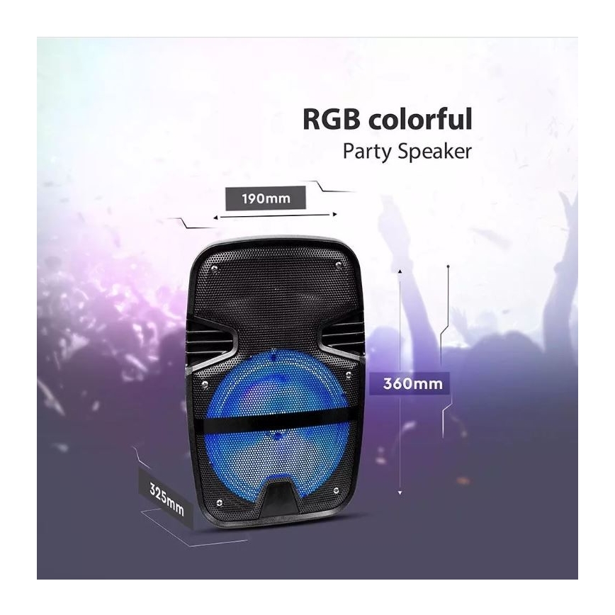 Bluetooth hordozható hangszóró mikrofonnal 15W/3,7V LED RGB + távirányító