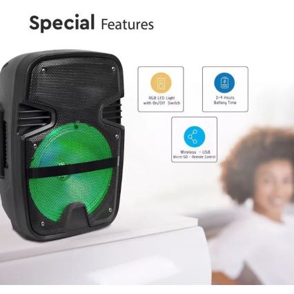 Bluetooth hordozható hangszóró mikrofonnal 15W/3,7V LED RGB + távirányító