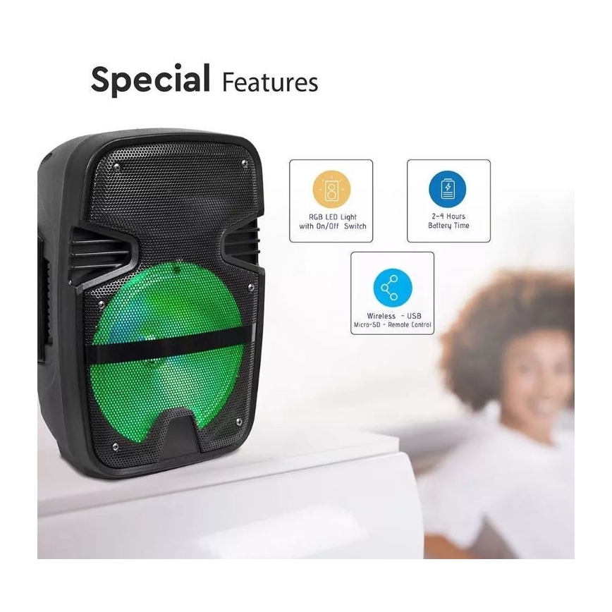Bluetooth hordozható hangszóró mikrofonnal 15W/3,7V LED RGB + távirányító