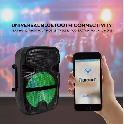 Bluetooth hordozható hangszóró mikrofonnal 15W/3,7V LED RGB + távirányító