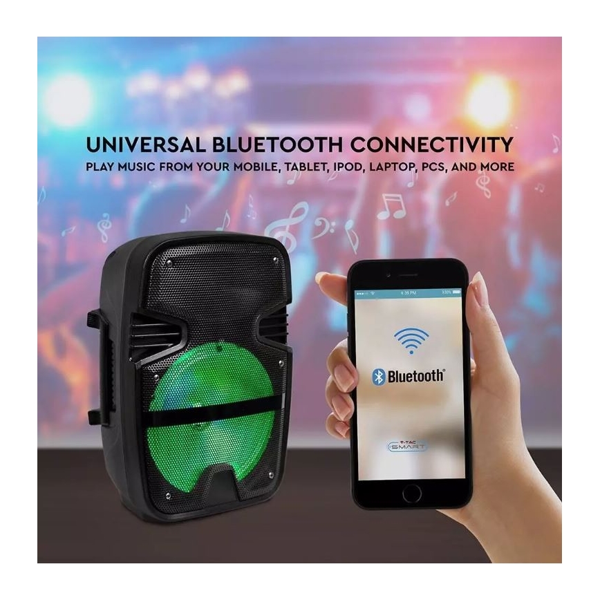 Bluetooth hordozható hangszóró mikrofonnal 15W/3,7V LED RGB + távirányító