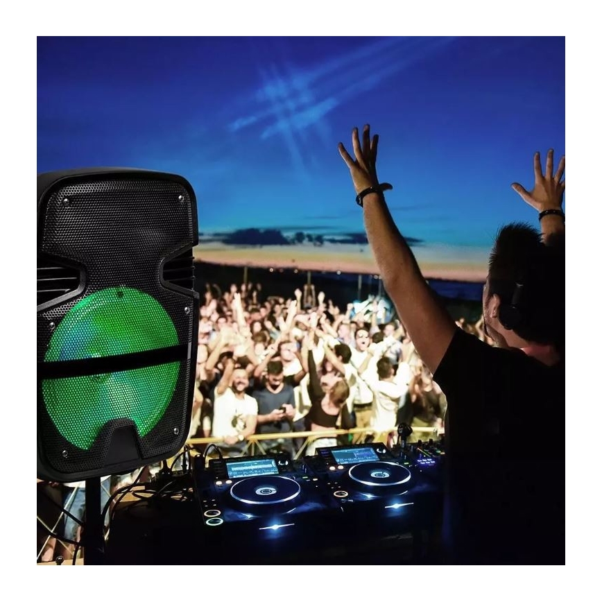 Bluetooth hordozható hangszóró mikrofonnal 15W/3,7V LED RGB + távirányító