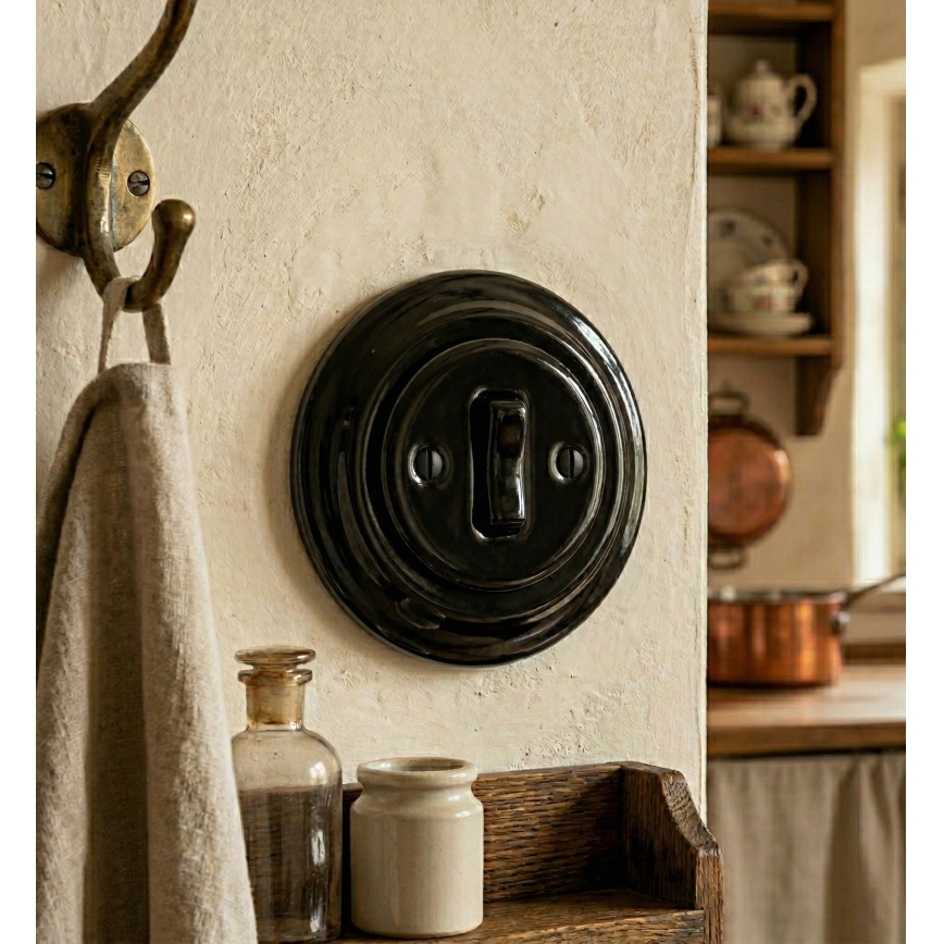 Bohemia-Design - Porcelán retro egypólusú kapcsoló 1-es kerettel, fekete