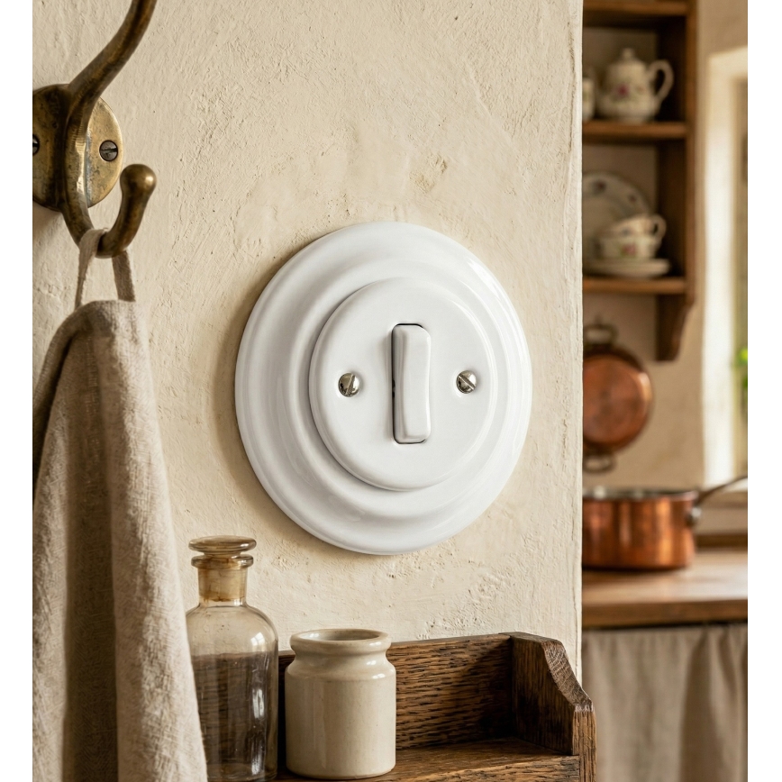 Bohemia-Design - Retro porcelán egyszerű kapcsoló 6-os kerettel, fehér