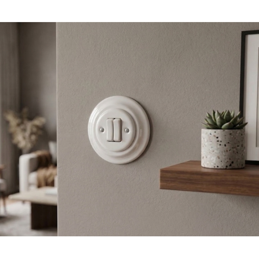 Bohemia-Design - Retro stílusú porcelán dupla kapcsoló kerettel, 6+6-os, fehér