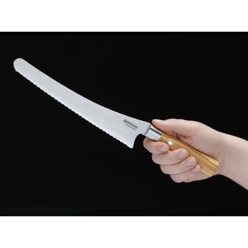 Böker - Damaszkuszi kenyérvágó kés DAMAST OLIVE 23,5 cm olívafa
