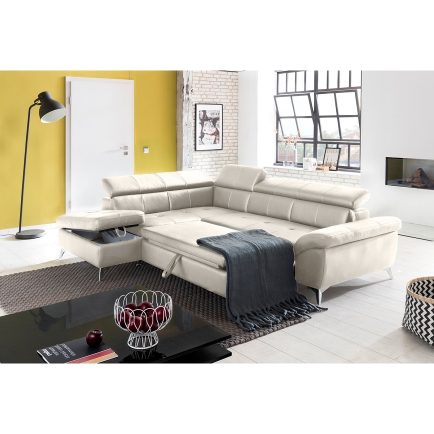 Bőrkárpitozású, balos, L alakú, kihúzható sarokkanapé SALERNO II bézs színben