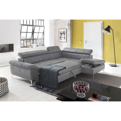 Bőrkárpitozású, balos, L-alakú, kihúzható sarokkanapé SALERNO II szürke