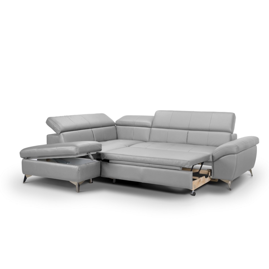 Bőrkárpitozású, balos, L-alakú, kihúzható sarokkanapé SALERNO II szürke