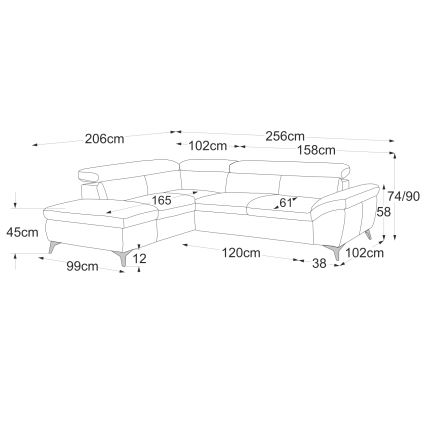 Bőrkárpitozású, balos, L-alakú, kihúzható sarokkanapé SALERNO II szürke