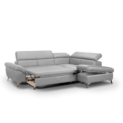 Bővíthető bőr sarokkanapé L-alakban SALERNO II jobb oldali, szürke