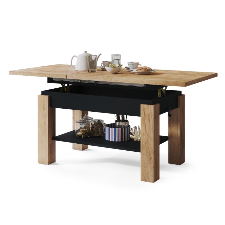 Bővíthető dohányzó- és étkezőasztal polccal ADONIS craft tölgy/fekete