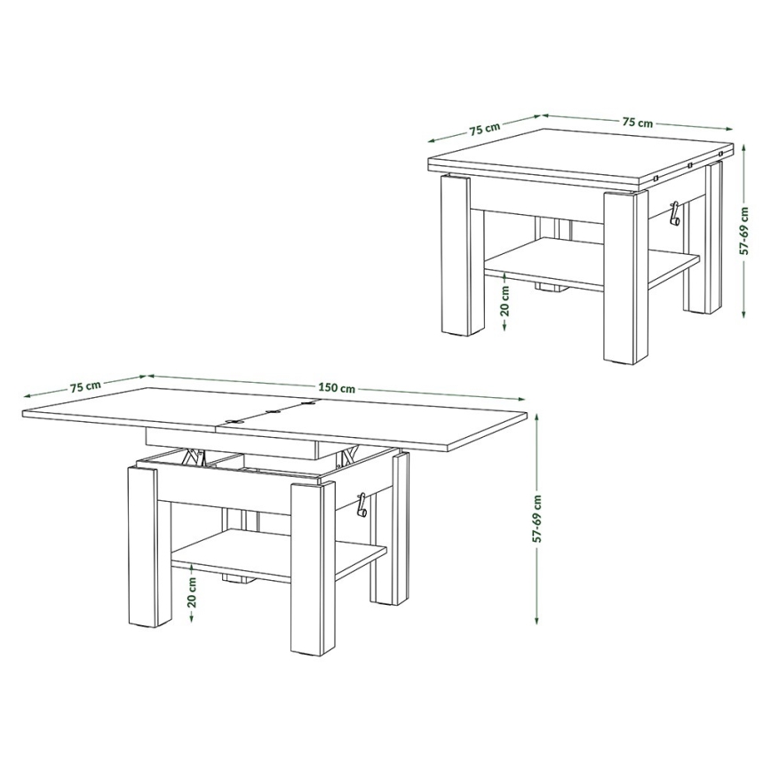 Bővíthető dohányzóasztal emelhető asztallappal CALEB 75/150x75 cm fehér