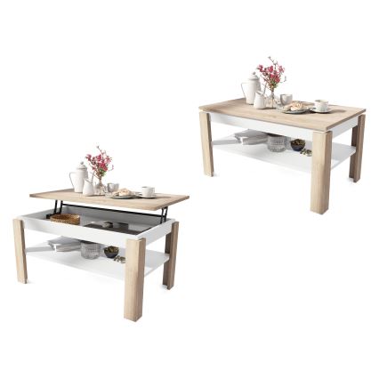 Bővíthető dohányzóasztal emelhető asztallappal és polccal ADEN sonoma tölgy/fehér