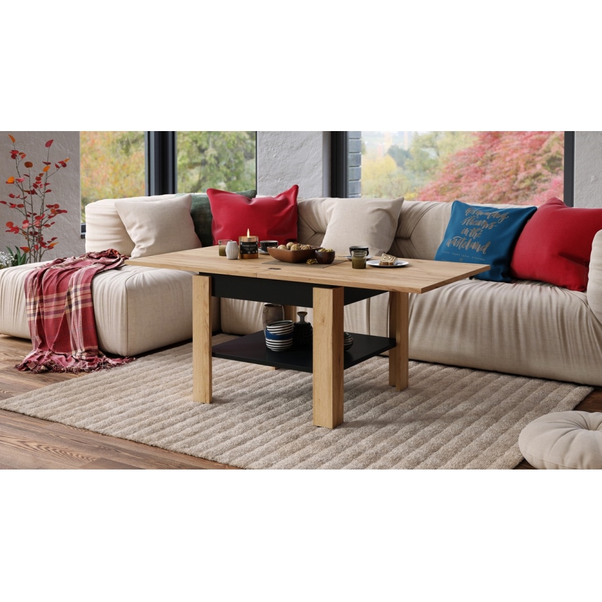 Kihajtható konferencia/étkezőasztal tárolópolccal LIA tölgy craft/fekete