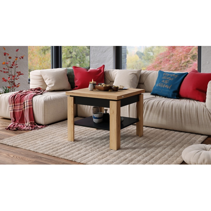 Kihajtható konferencia/étkezőasztal tárolópolccal LIA tölgy craft/fekete