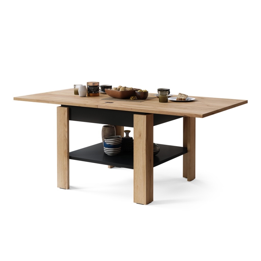 Kihajtható konferencia/étkezőasztal tárolópolccal LIA tölgy craft/fekete
