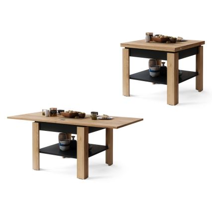 Kihajtható konferencia/étkezőasztal tárolópolccal LIA tölgy craft/fekete