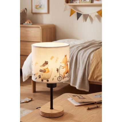 Brilagi - Gyermek asztali lámpa BOBO WOOD 1xE27/25W/230V tölgy/fekete/fehér/állatfigurás