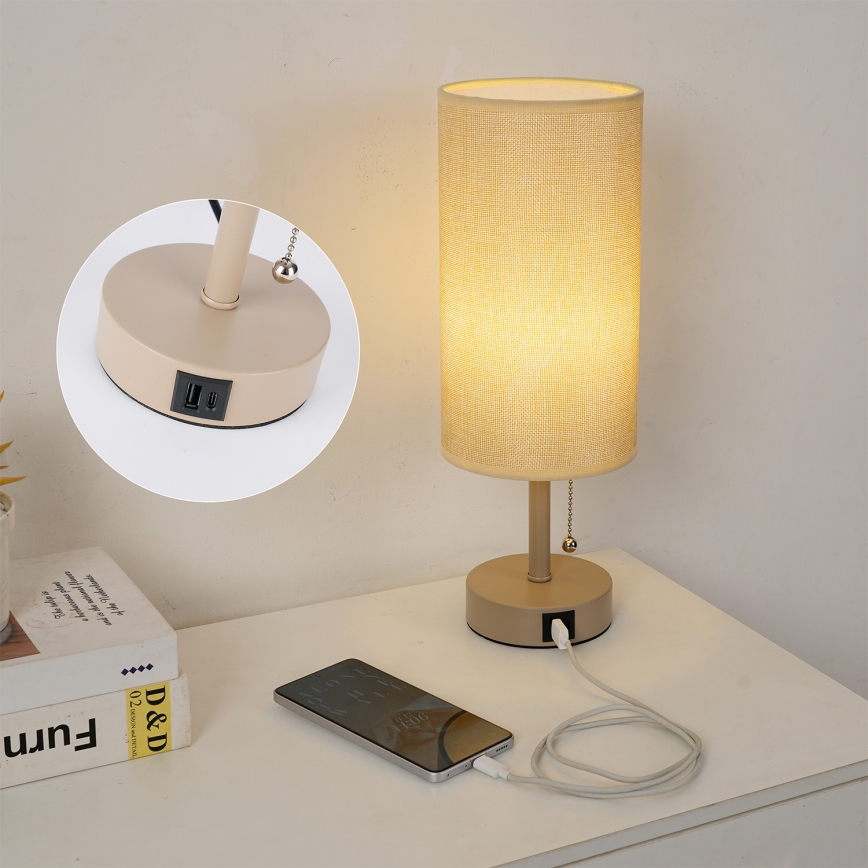 Brilagi - Asztali lámpa USB-porttal TABLON 1xE27/25W/230V bézs