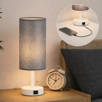 Brilagi - Asztali lámpa USB-porttal TABLON 1xE27/25W/230V fehér/szürke