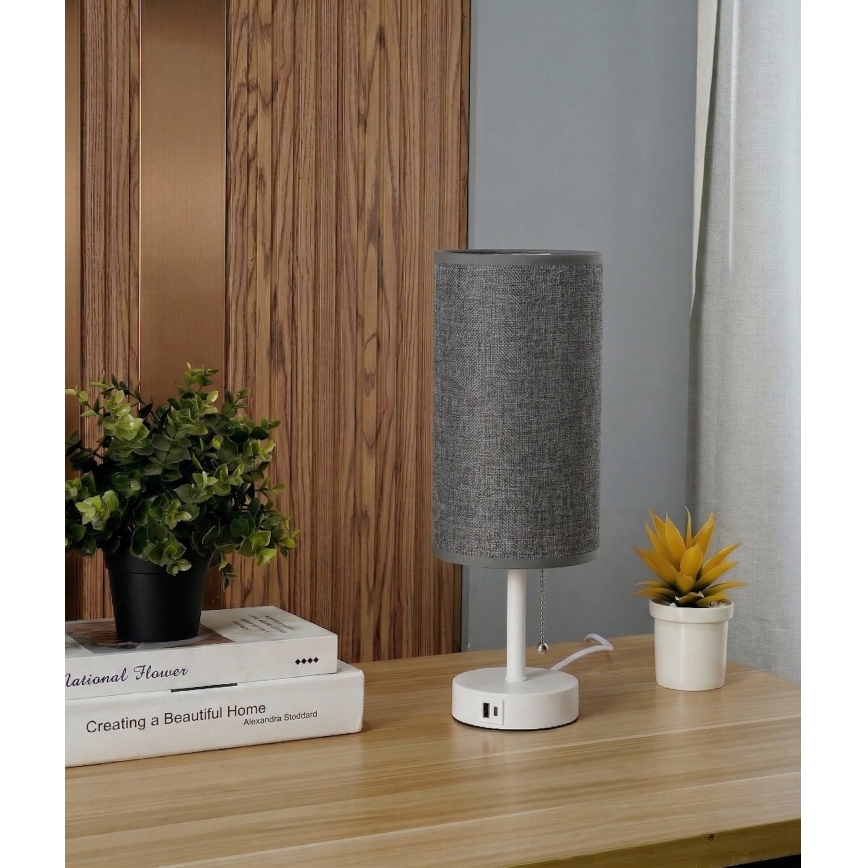 Brilagi - Asztali lámpa USB-porttal TABLON 1xE27/25W/230V fehér/szürke