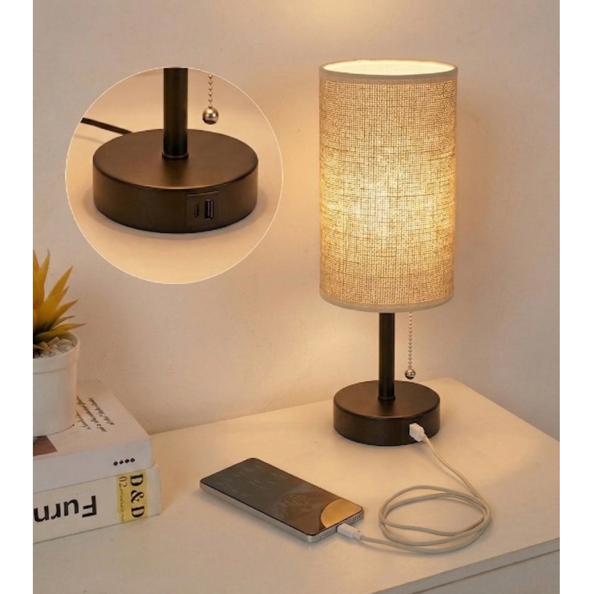 Brilagi - Asztali lámpa USB-porttal TABLON 1xE27/25W/230V fekete/bézs