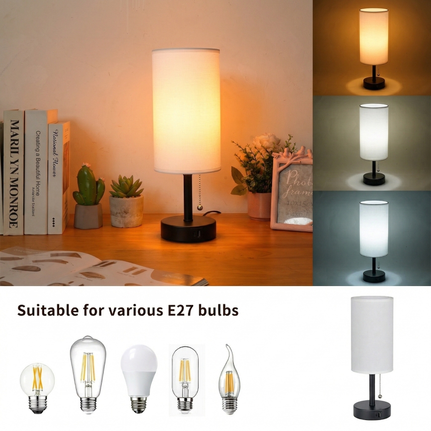 Brilagi - Asztali lámpa USB-porttal TABLON 1xE27/25W/230V fekete/fehér