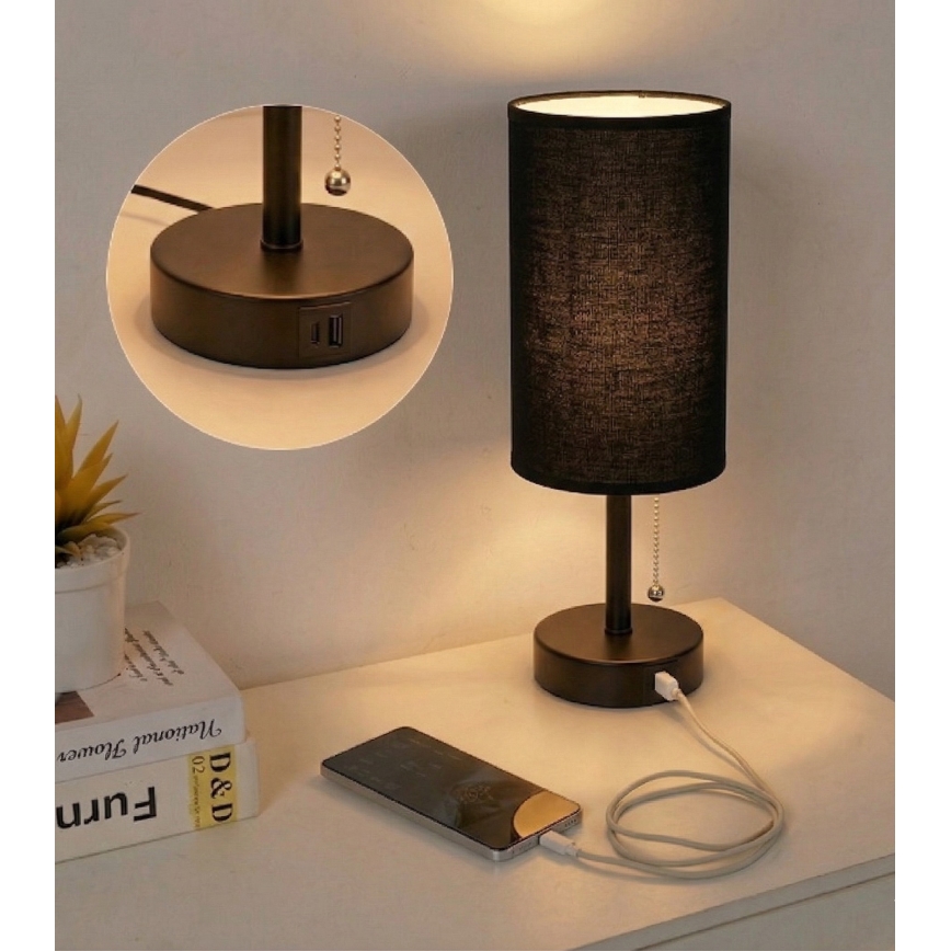Brilagi - Asztali lámpa USB-porttal TABLON 1xE27/25W/230V fekete