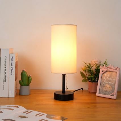 Brilagi - Asztali lámpa USB-porttal TABLON 1xE27/25W/230V fekete/krémszínű