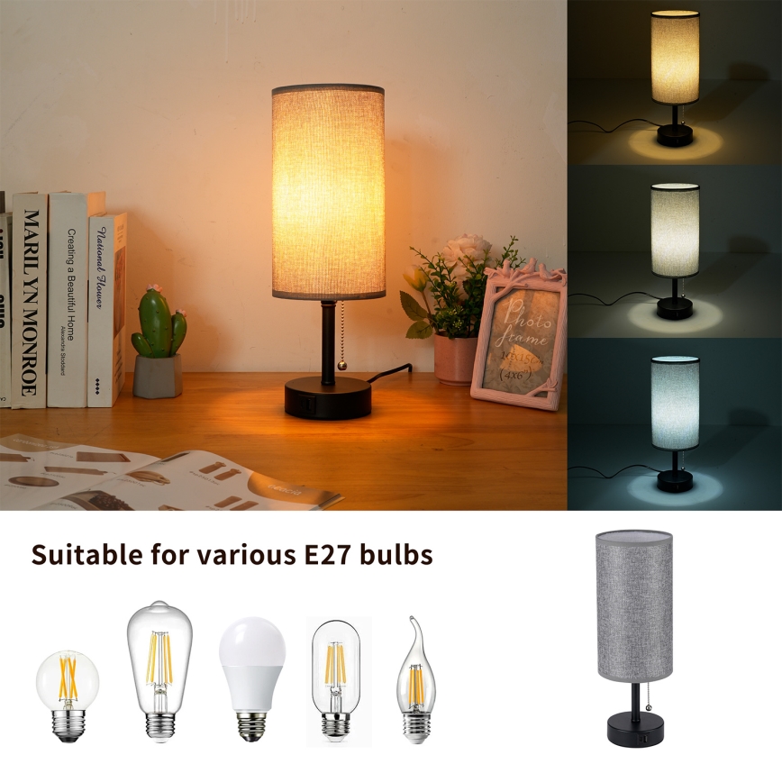 Brilagi - Asztali lámpa USB-porttal TABLON 1xE27/25W/230V fekete/szürke